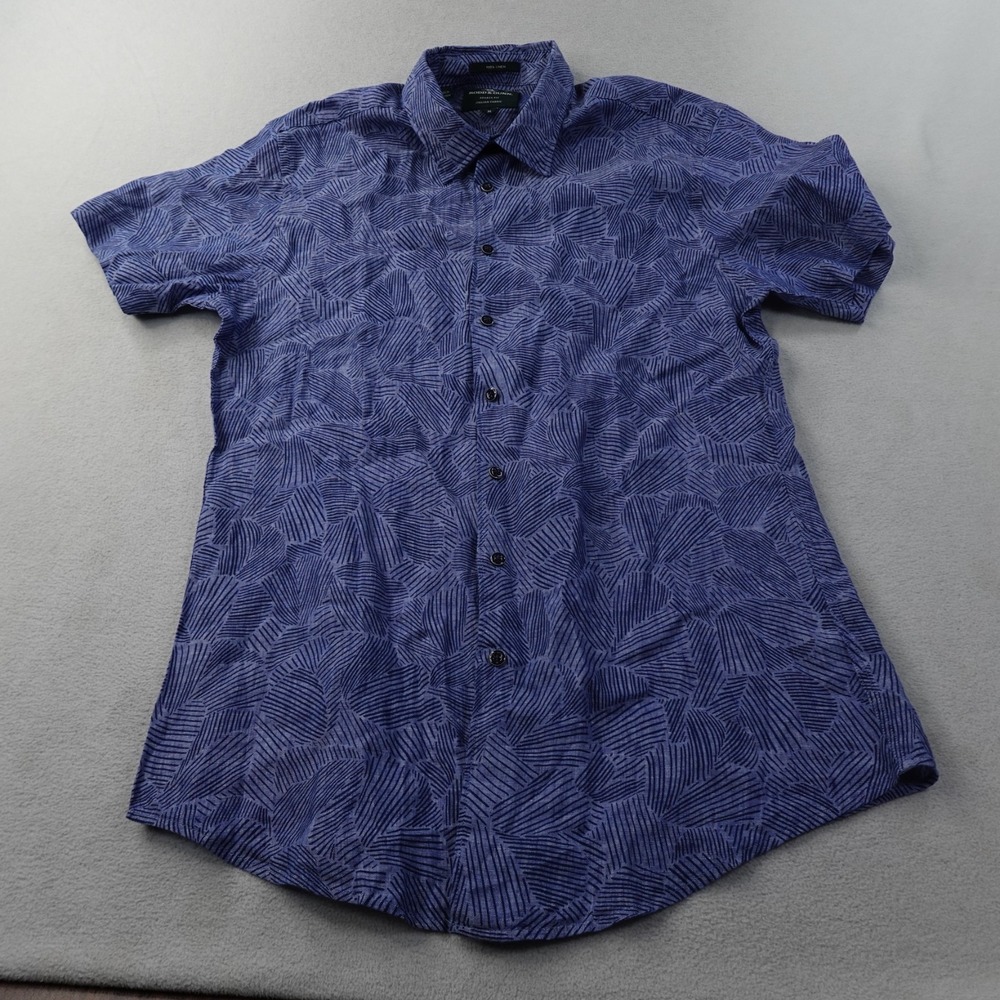 Rodd & Gunn Mens M Linen Shirt Blue Geometric Print Short Sleeve Albini Fabric